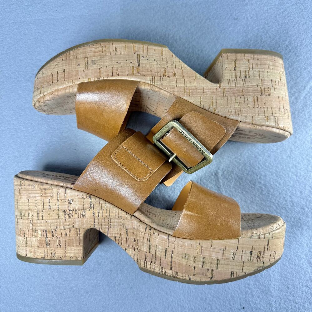 Kork Ease tan leather platform slip ons - sandals heels cork sole buckle size 9M - Picture 5 of 9